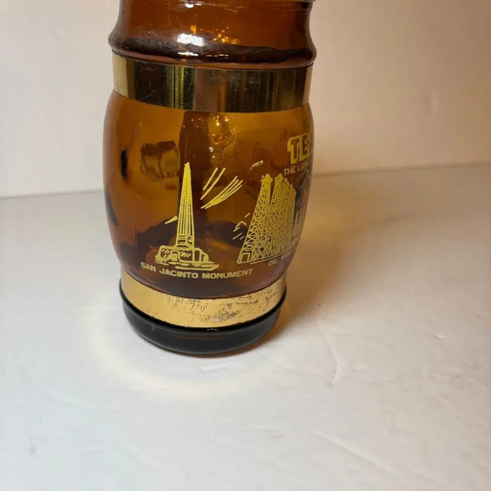 Vintage Texas Lone Star State Souvenir Brown Glass Barrel Mug Wood Handle